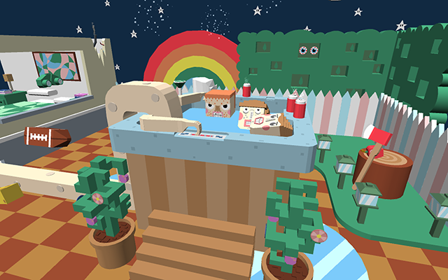 3D still of various characters in a hot tub in a surreal backyard landscape