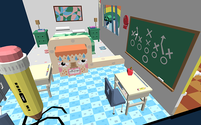 3D still of an interior that consists of a classroom and suburban bedroom combined in a surreal fashion
