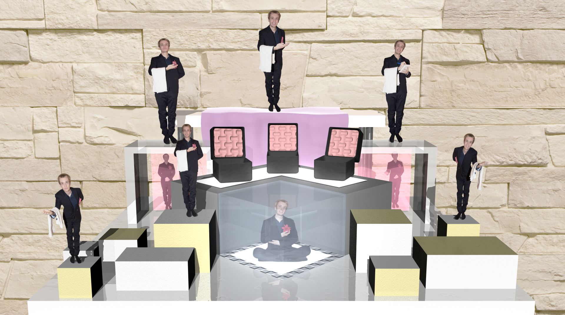 3D rendered image of a symmetrical jewelry display with 9 small butlers on it in various bowing poses.